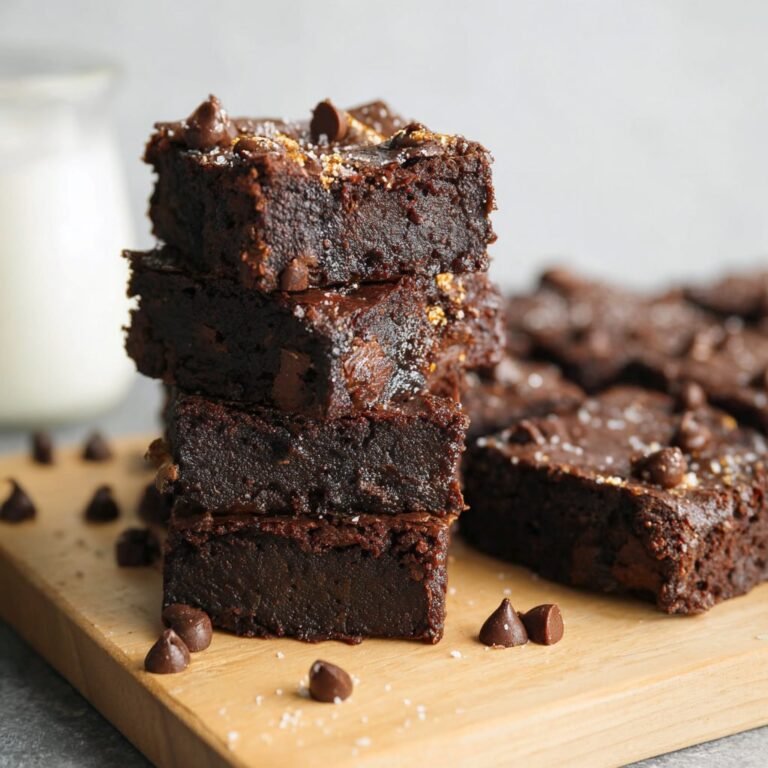 Fudgy black bean brownies cut into squares on a wooden board with chocolate chips
