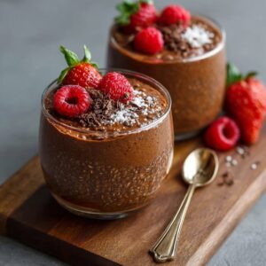 Chocolate chia mousse in a glass jar topped with fresh raspberries and coconut cream