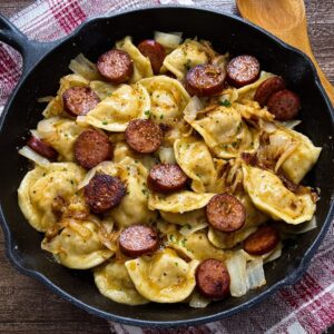 Lighter pierogies and turkey kielbasa skillet with vegetables for a balanced weeknight dinner