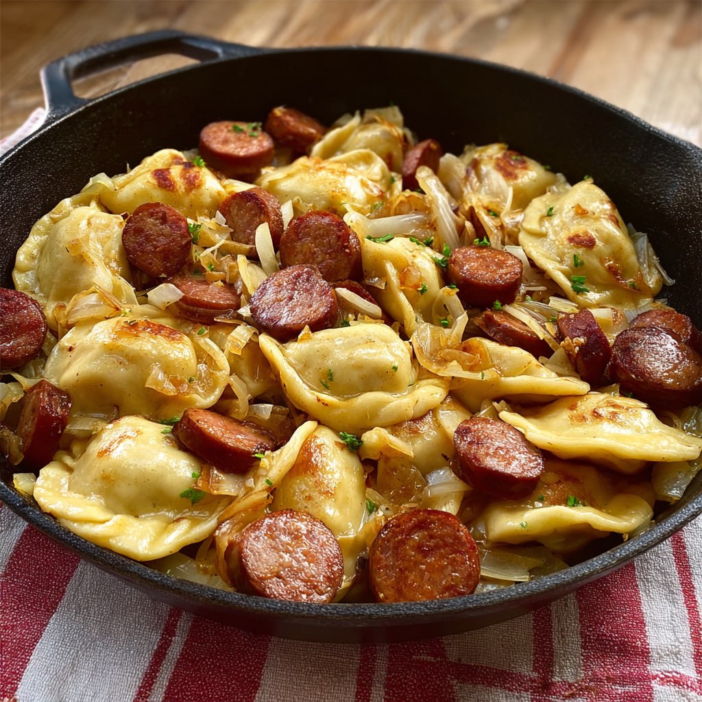 Healthy pierogies skillet with lean kielbasa sauteed peppers and onions in a cast iron pan