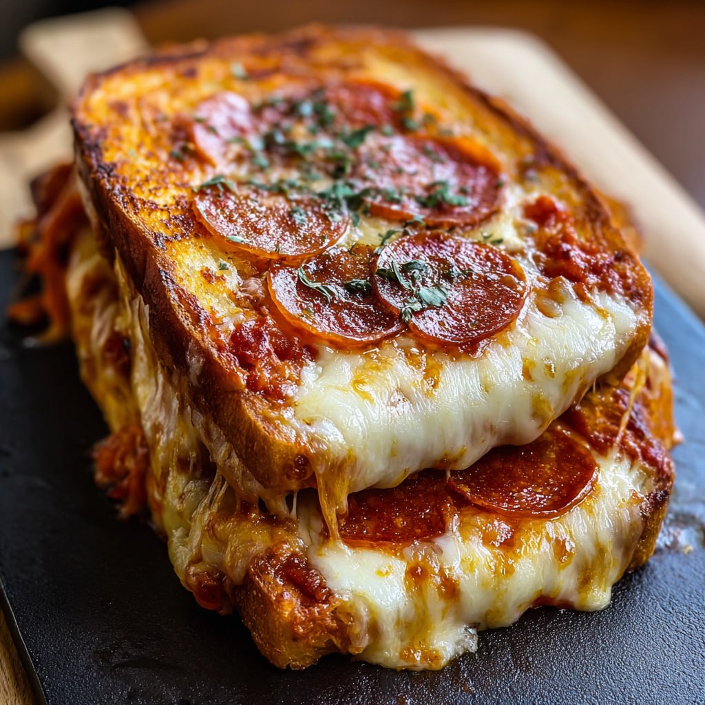Homemade pizza grilled cheese sandwich on a cutting board
