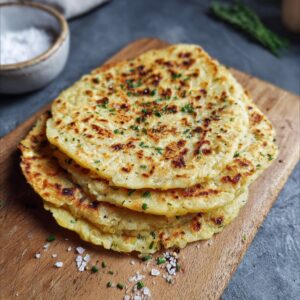 Healthy gluten-free potato flatbread on a plate with fresh herbs