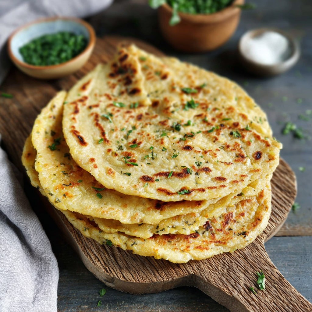 Fluffy potato flatbread pieces torn open showing soft inside