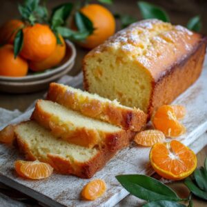 Healthy mandarin orange pound cake on a plate with fresh mandarin slices