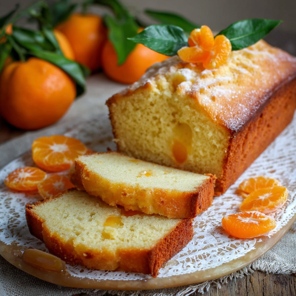 Sliced lighter mandarin pound cake showing moist golden crumb
