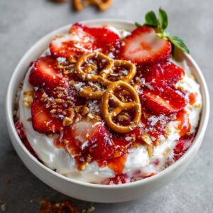 Healthy strawberry pretzel salad bowl with Greek yogurt and fresh strawberries