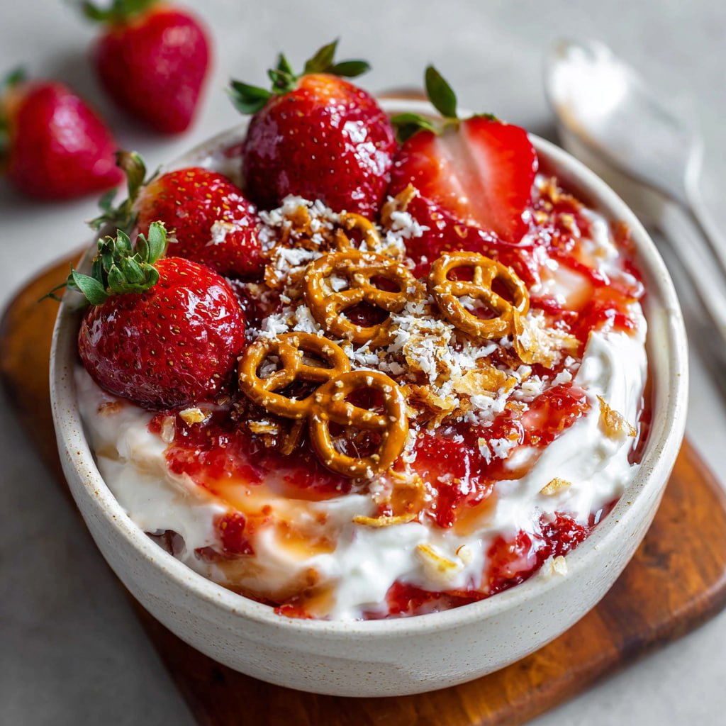 High-protein strawberry pretzel bowl showing layers of creamy yogurt and crunchy pretzels