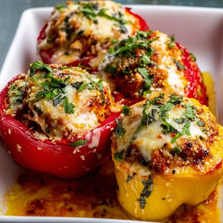Healthy chicken parmesan stuffed peppers with light mozzarella and marinara
