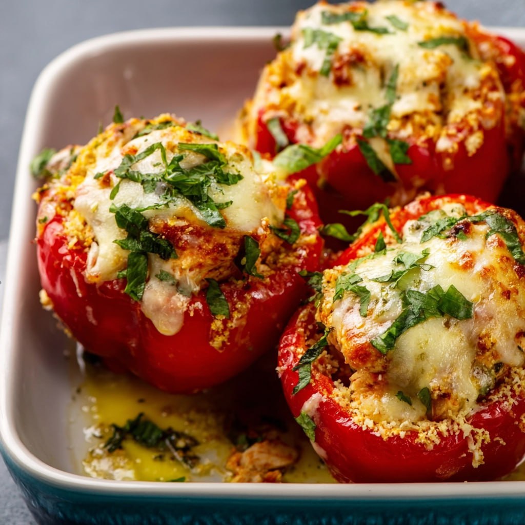 Wholesome stuffed peppers with chicken parmesan filling on a baking tray
