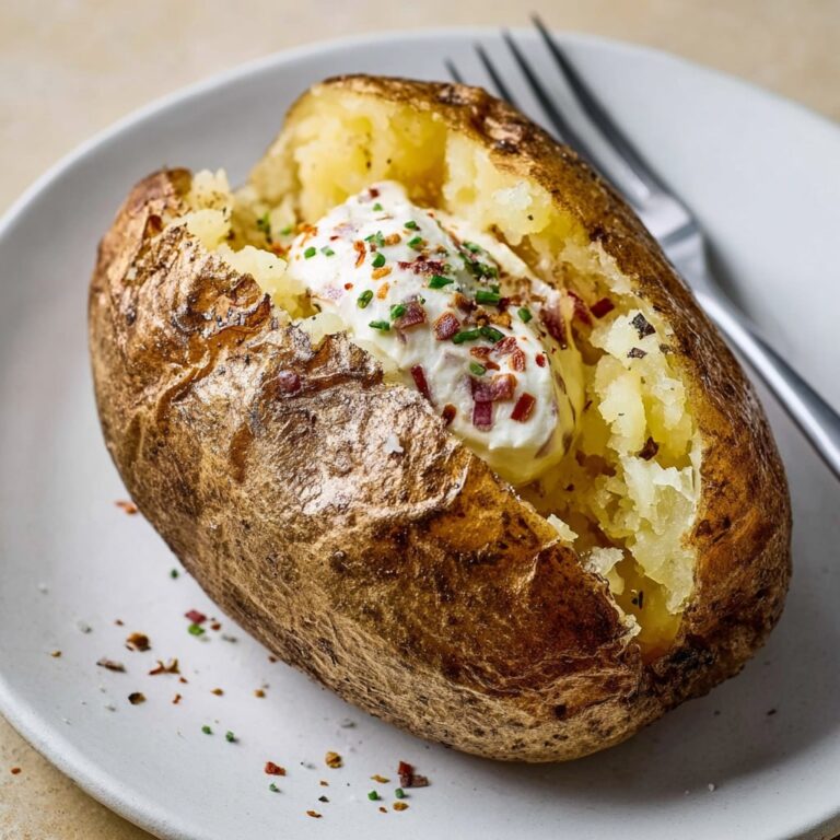 Healthy microwave baked potato with Greek yogurt and broccoli toppings
