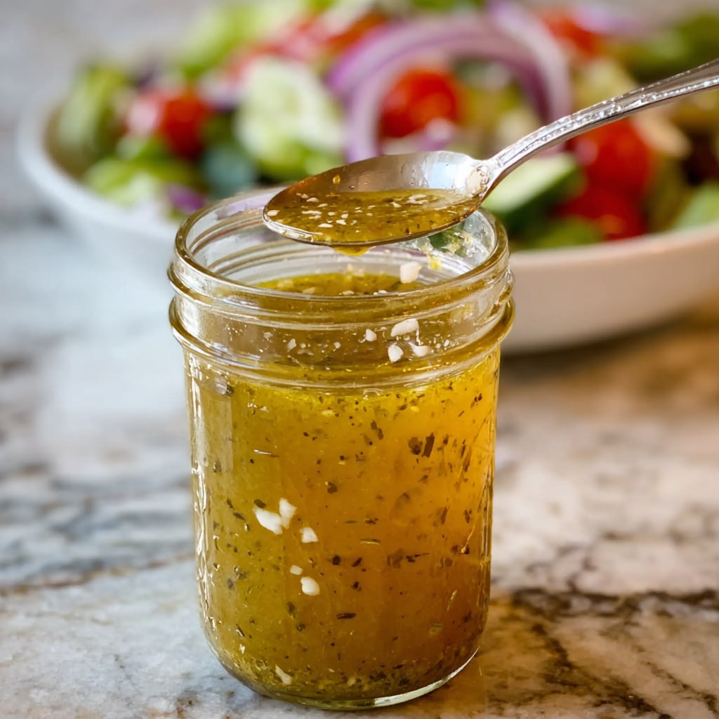 Light Greek salad dressing in a jar next to fresh vegetables and feta