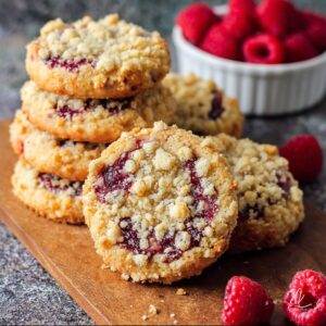 Healthy raspberry crumble cookies with oat crumble topping and raspberry center