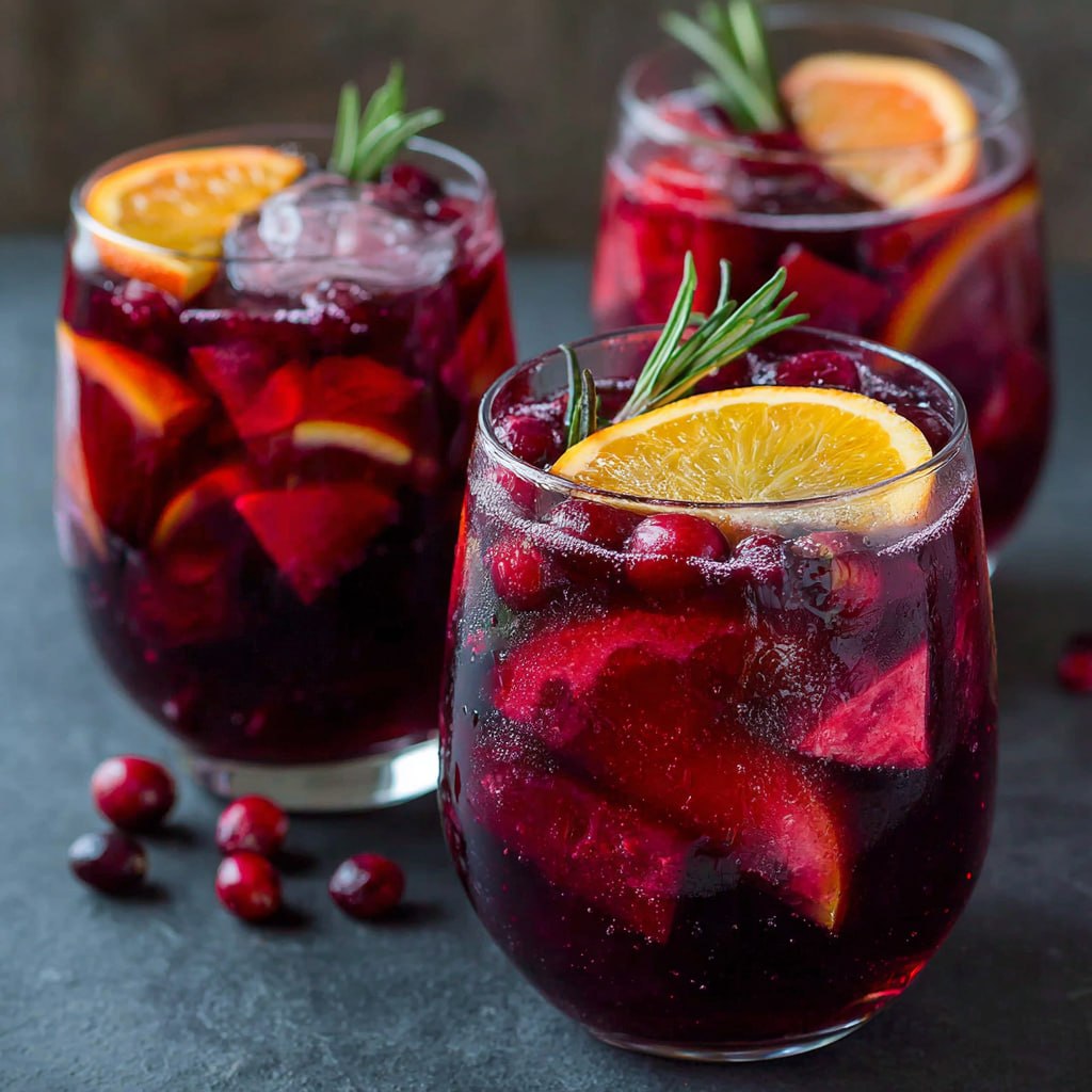 A glass of low-sugar Costco sangria garnished with fresh orange and pomegranate seeds