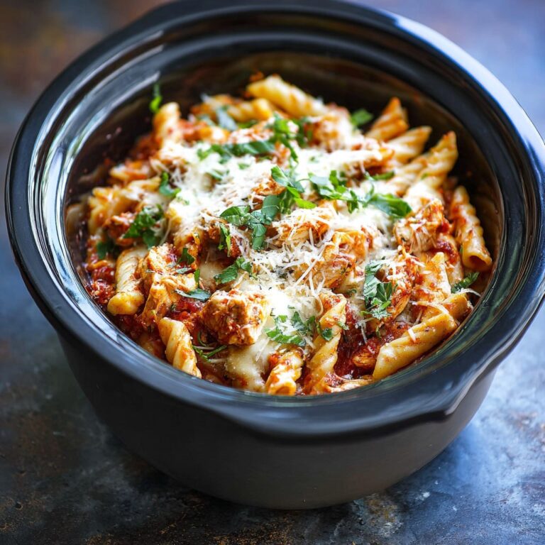 Healthy chicken parmesan pasta from slow cooker with whole wheat pasta and homemade tomato sauce