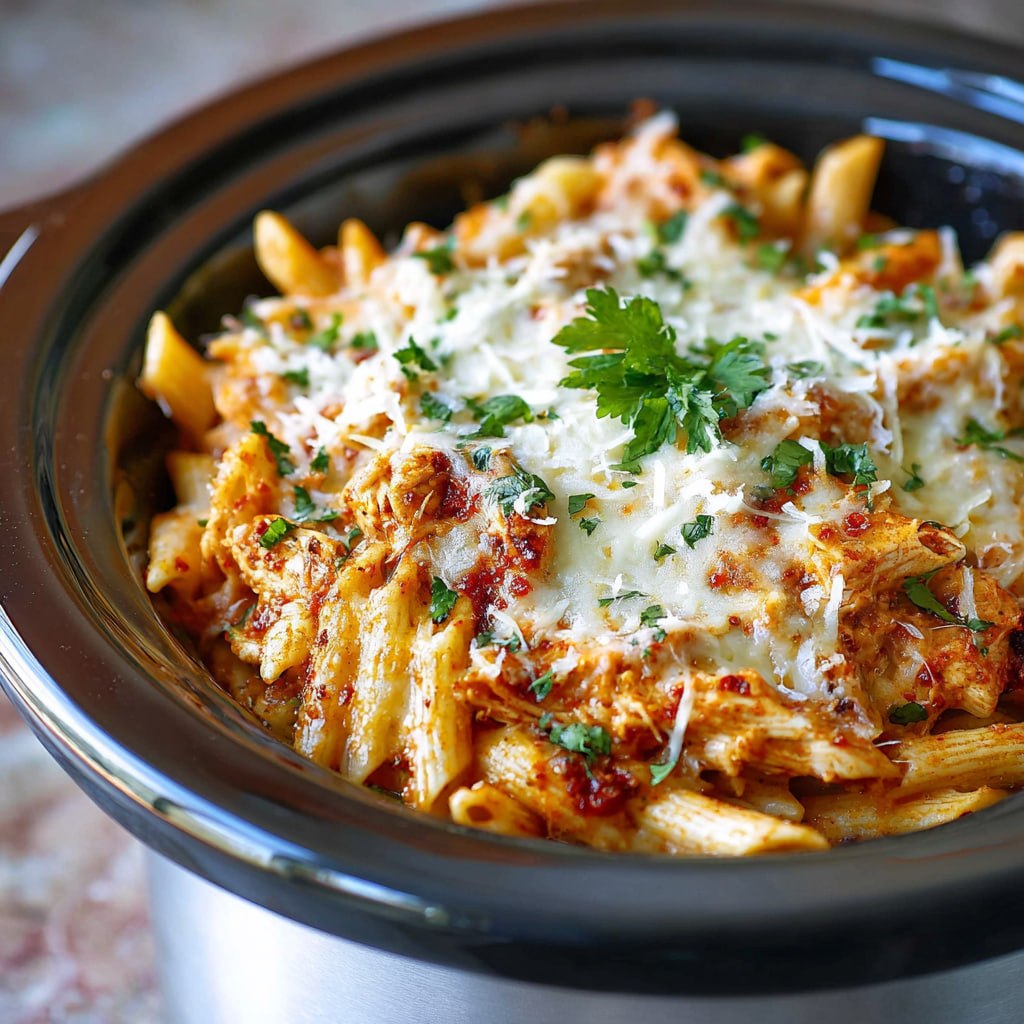 Light chicken parmesan pasta in a bowl with fresh herbs and reduced-fat mozzarella topping