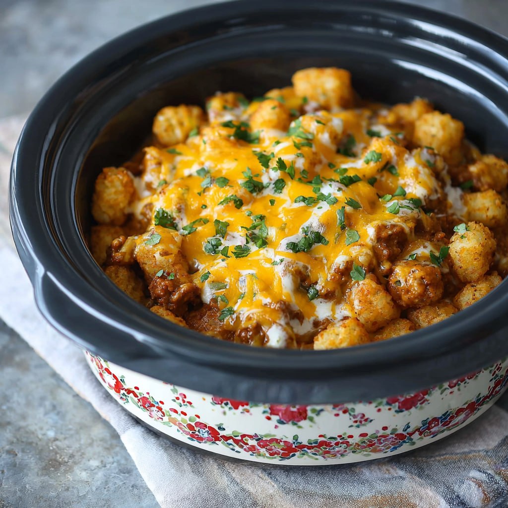 Creamy slow cooker tater tot casserole topped with melted cheese and green onions ready to serve