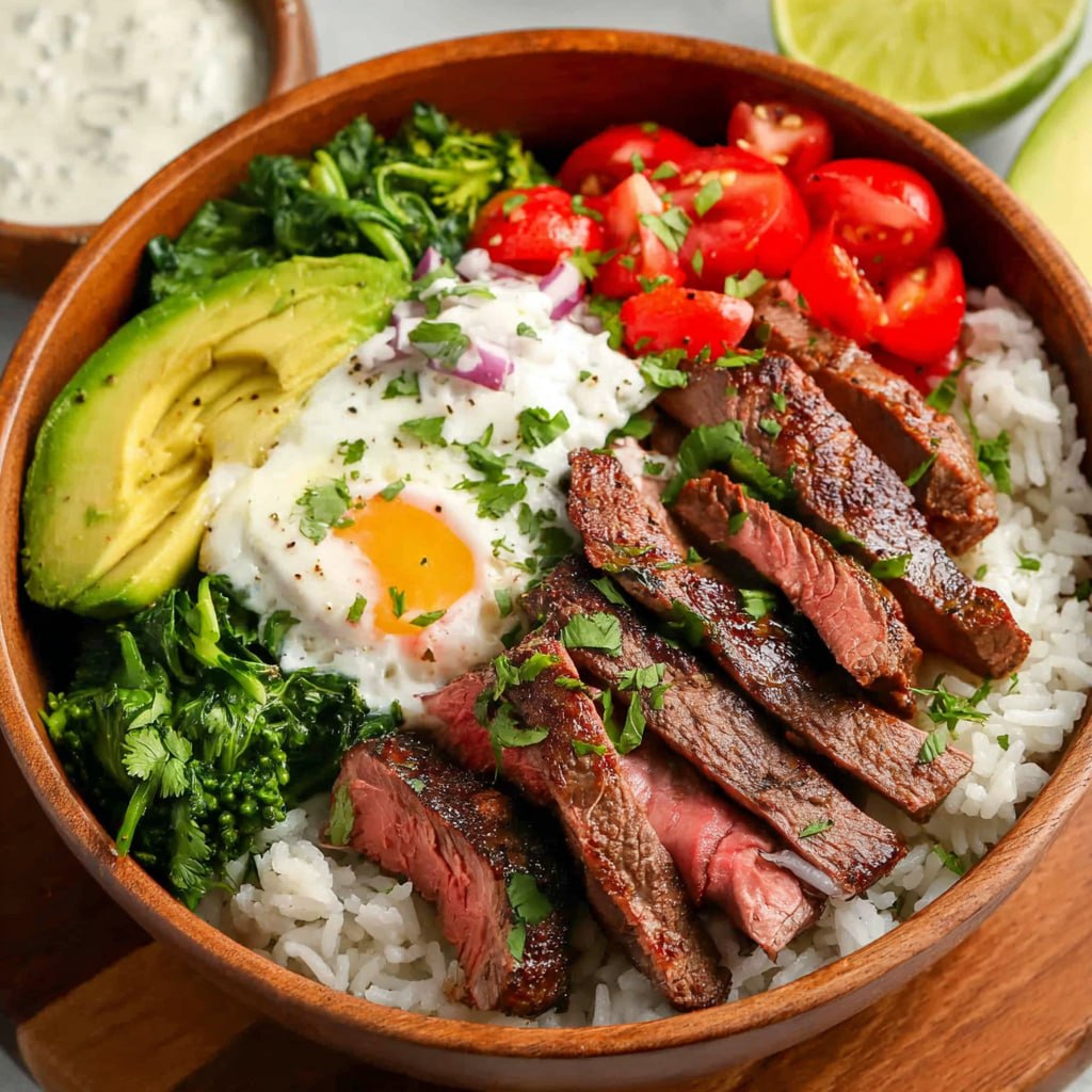 Healthy steak rice bowl brown rice