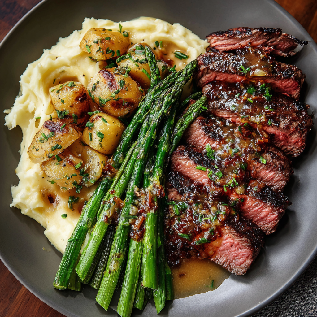 Bavette Steak with Roasted Garlic Pan Sauce, Creamy Potatoes & Asparagus