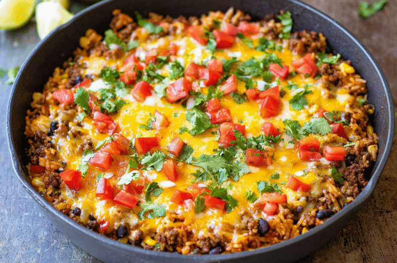 One Pot Mexican Beef and Rice Casserole (Easy Cheesy Skillet Dinner)