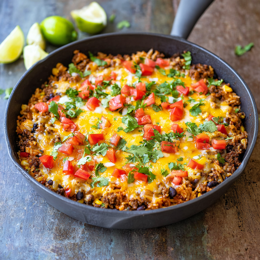 One Pot Mexican Beef and Rice Casserole (Easy Cheesy Skillet Dinner)