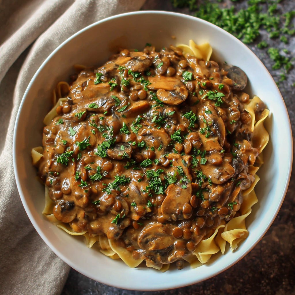 Healthy vegan lentil mushroom stroganoff in a bowl topped with fresh herbs and plant-based cream sauce