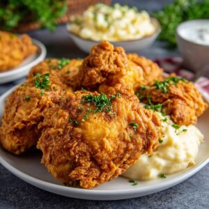 Chicken fried chicken with crispy golden double-battered breast, creamy white gravy poured over, mashed potatoes, and parsley garnish
