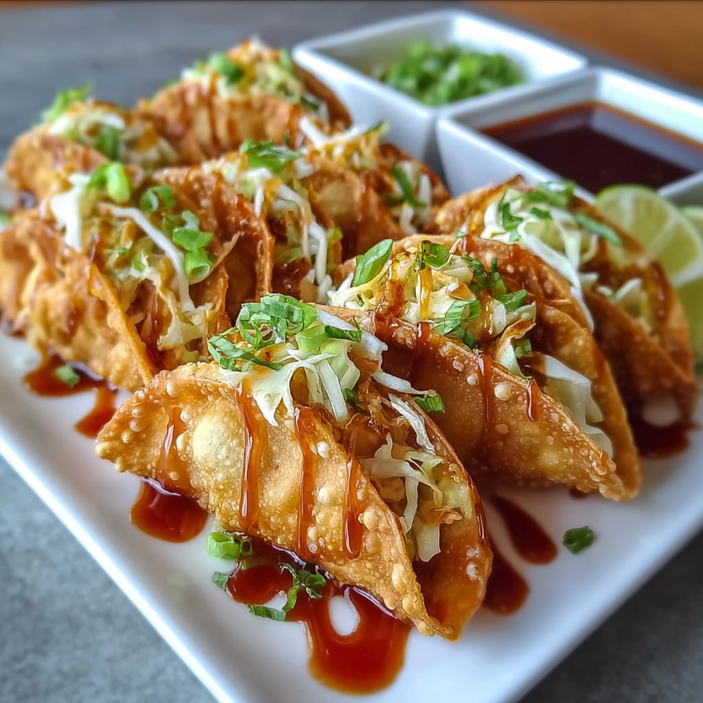 Close-up of a chicken wonton taco copycat showing crisp golden wonton shell, soy-glazed chicken, crunchy slaw and lime