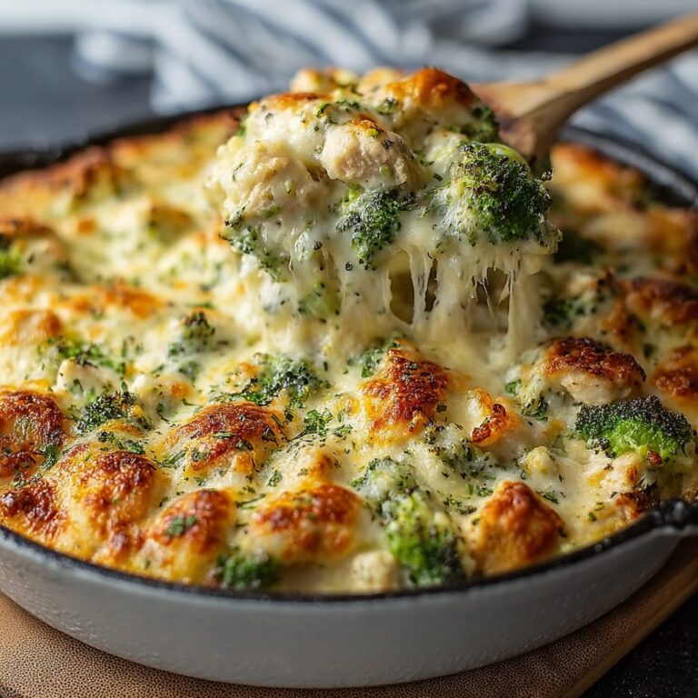 Bubbling keto chicken alfredo broccoli bake with golden melted cheese, tender chicken, and bright broccoli florets