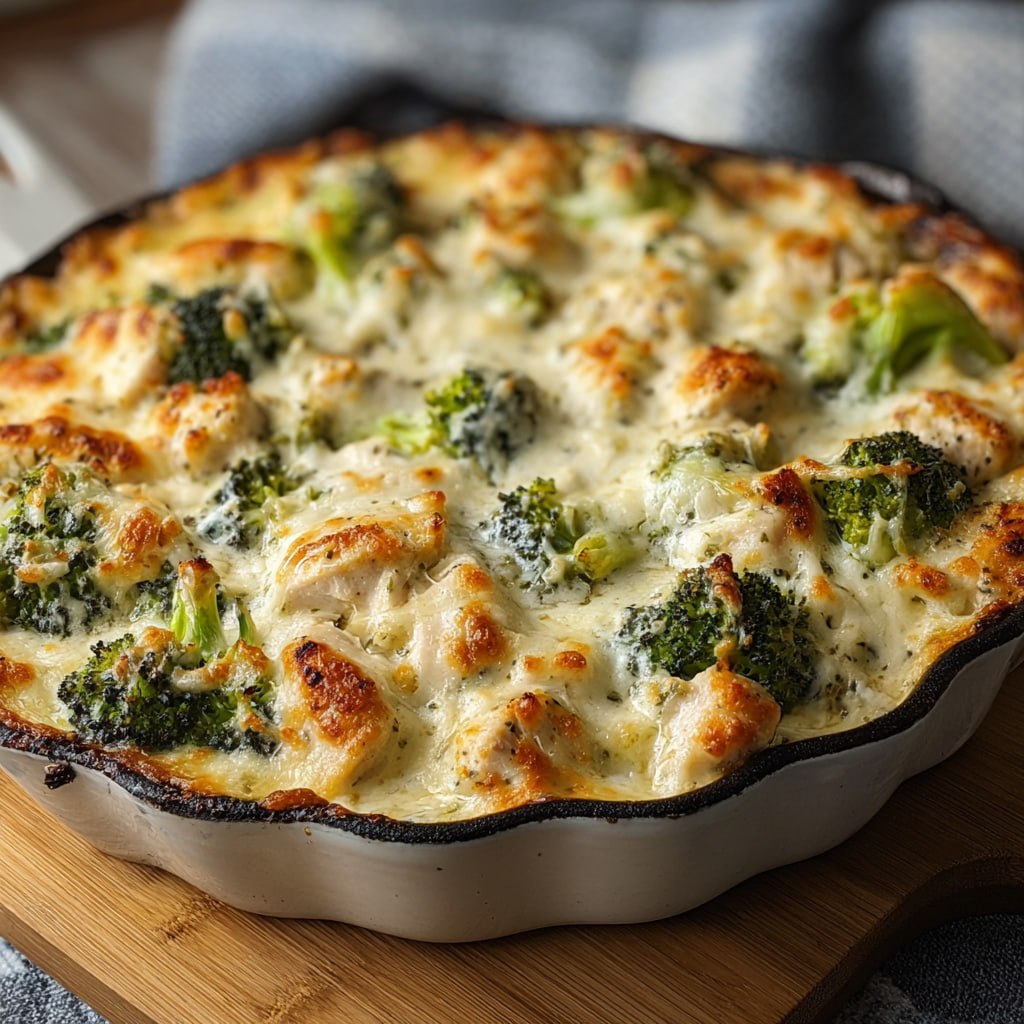 Close-up of low-carb chicken alfredo bake serving with creamy parmesan sauce, crispy cheese top, and parsley
