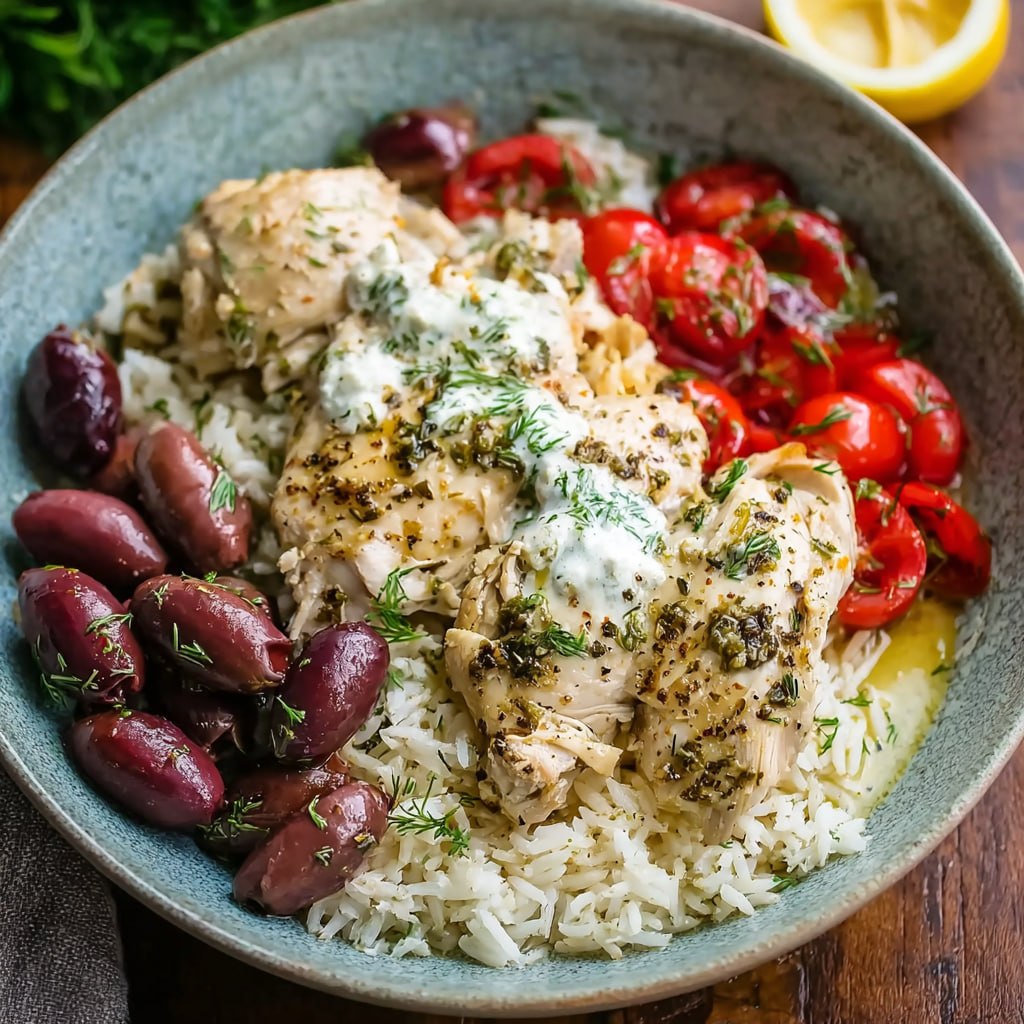 Pulled Greek chicken with feta cheese, fresh herbs, lemon wedges, and tzatziki on a Mediterranean plate