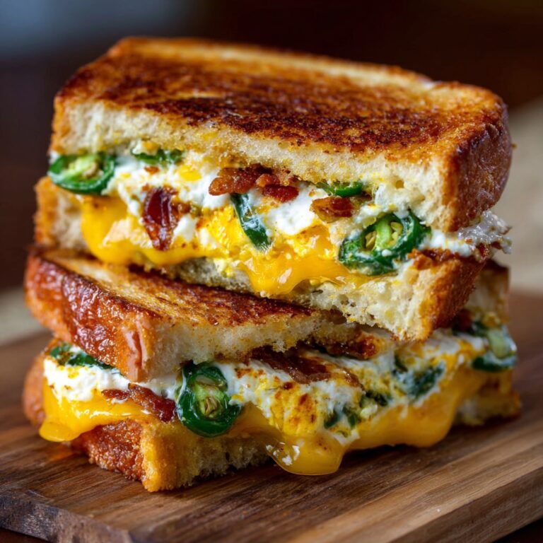 Cut jalapeno popper grilled cheese sandwich showing melted cheese, cream cheese, jalapenos, and crispy bacon