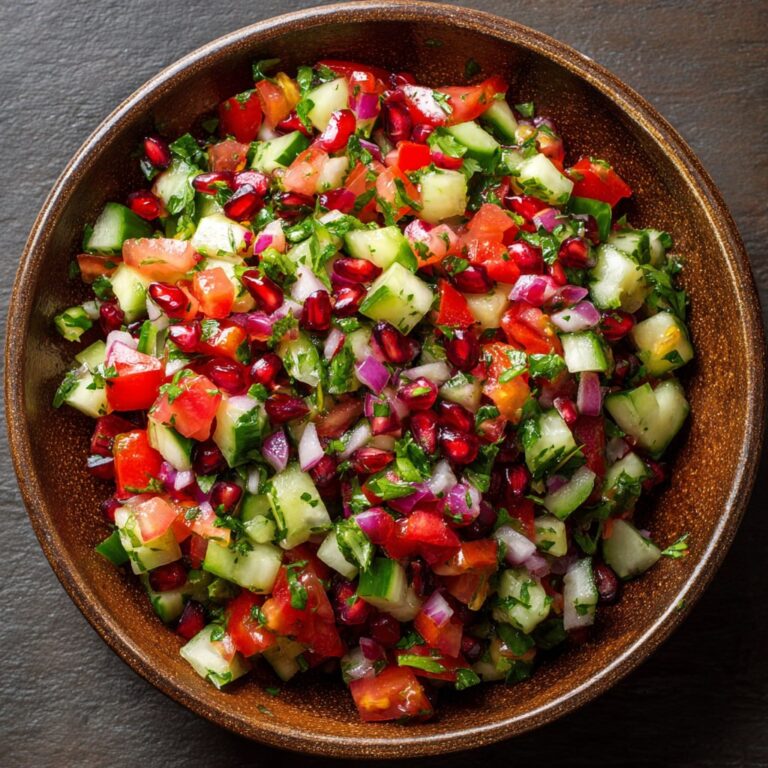 Persian Shirazi salad with diced cucumber, tomato, red onion, and mint in a colorful serving bowl