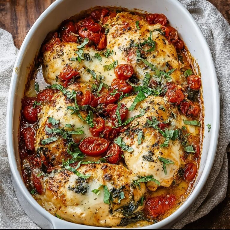 Baked Tuscan chicken casserole with sun-dried tomatoes, spinach, parmesan cream sauce, and golden cheese top