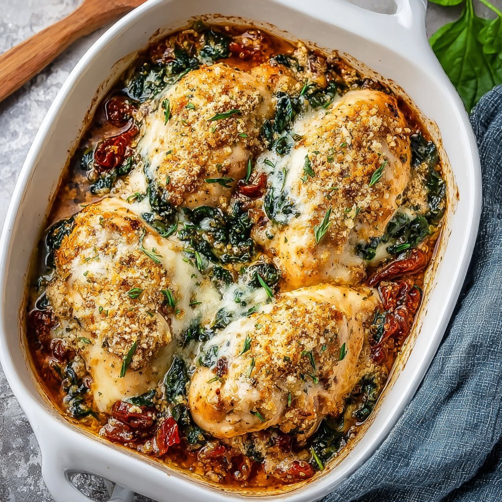 Close-up of Tuscan chicken bake serving with juicy chicken, ribbons of basil, melted mozzarella, and creamy sauce
