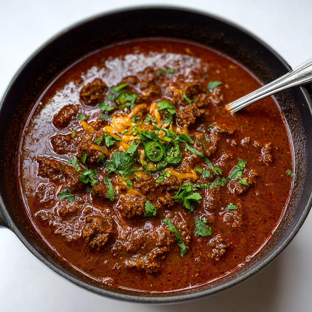 Close-up of authentic Texas red chili with tender beef cubes, smoky chile sauce, and fresh garnishes on top