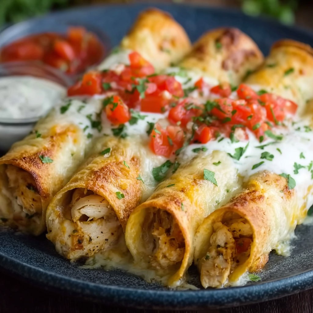 Close-up of cream cheese chicken taquitos showing crispy tortilla and creamy shredded chicken filling