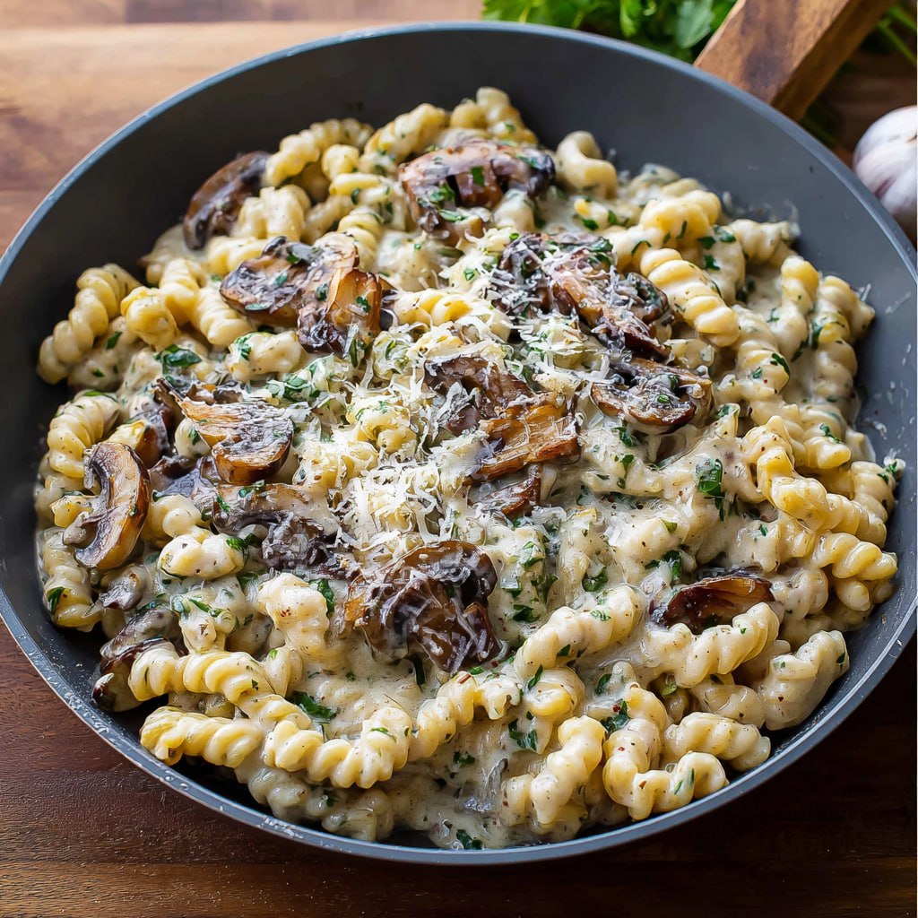Close-up of creamy mushroom pasta with golden seared mushrooms, roasted garlic, and silky sauce coating fettuccine