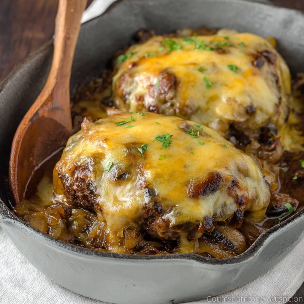 Close-up of Roadkill Steak topped with cheesy onions and mushrooms in a savory pan gravy