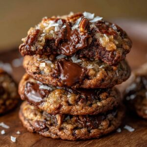 German chocolate cookies on a plate with coconut pecan frosting topping each cookie and chocolate drizzle