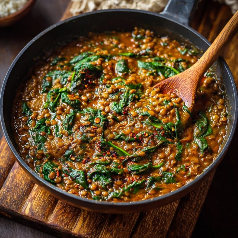 Bowl of spicy lentils and spinach with golden onions, fragrant cumin, fresh cilantro, and a swirl of yogurt