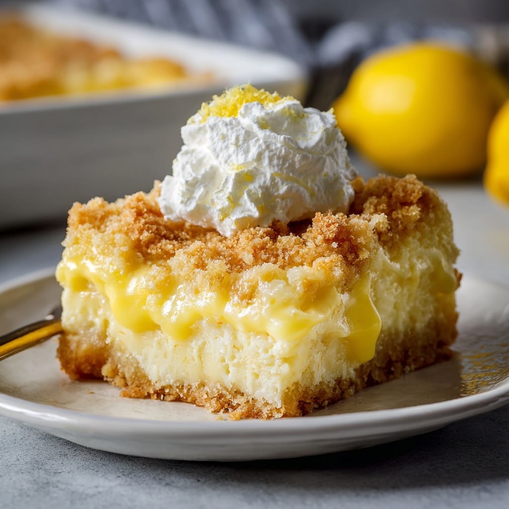 Close-up of lemon dump cake serving showing layers of yellow cake mix crumb, melted cream cheese, lemon pie filling