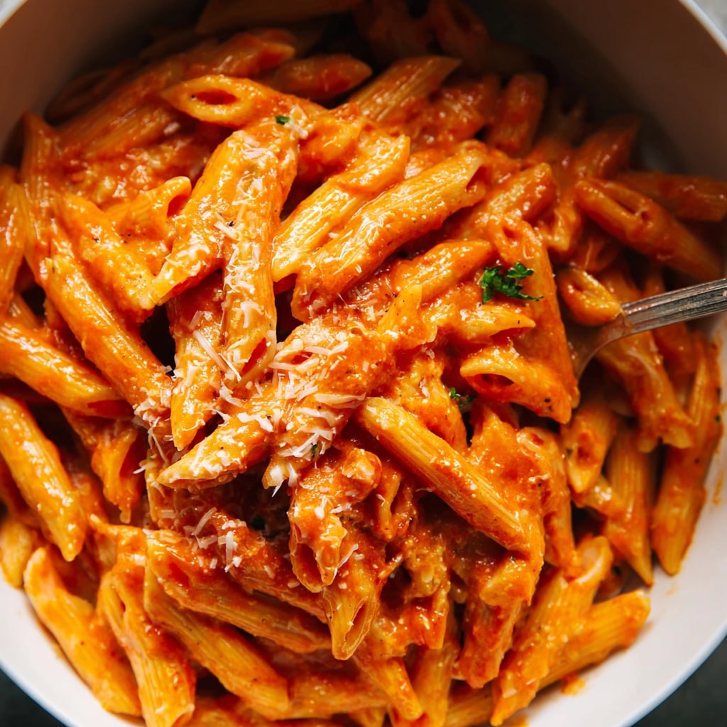 Close-up of saucy penne pasta with golden mozzarella crust, herbs, and red marinara coating each piece