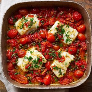 One-pan cod with cherry tomatoes, capers, garlic, lemon slices, fresh basil, and olive oil in a cast iron skillet