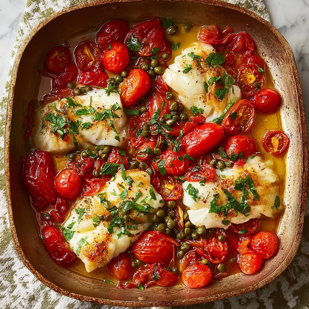 Close-up of flaky cod fillet in tomato-caper sauce with golden olive oil pools and fresh herbs