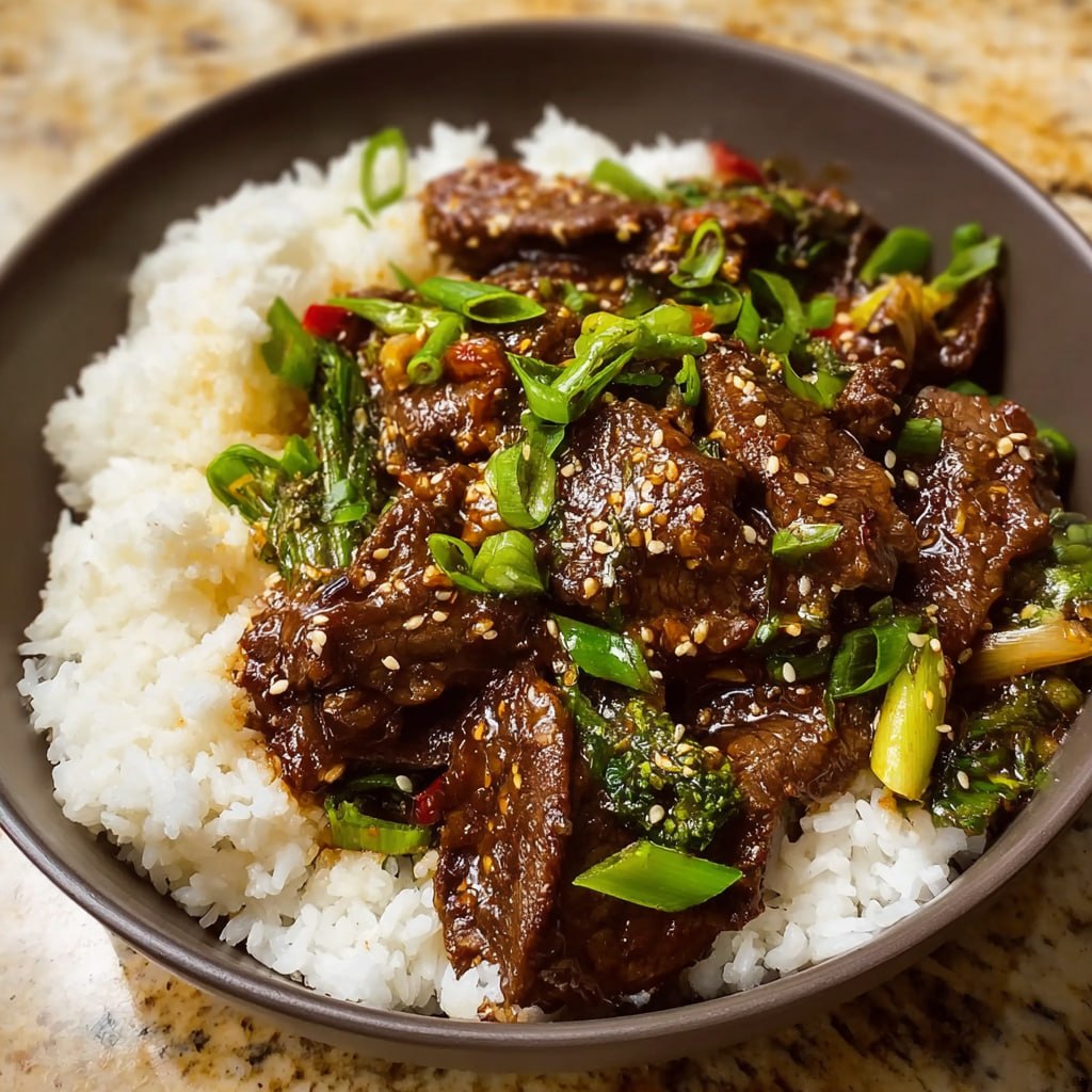Close-up of caramelized Mongolian beef strips coated in glossy ginger-garlic sauce with sesame seeds and green onions