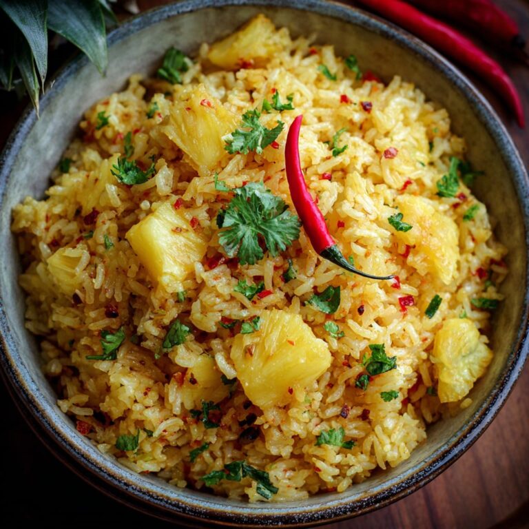 Pineapple rice served in a hollowed pineapple half with cashews, scallions, and golden curry-tinted jasmine rice