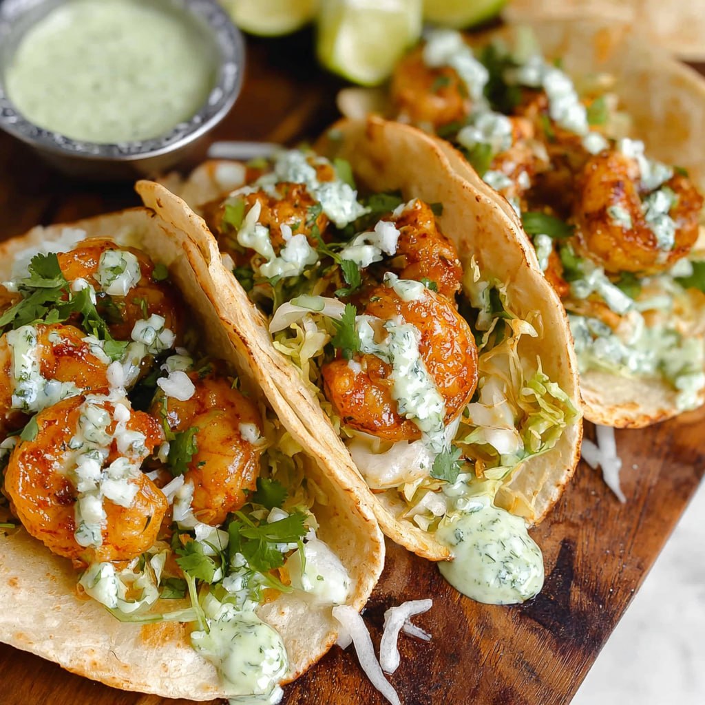 Close-up of shrimp taco showing chili-spiced shrimp, fresh slaw, jalapeño, lime, and creamy green sauce