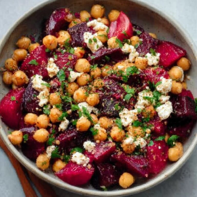 Chickpea beet feta salad in a wooden bowl with vibrant pink-stained chickpeas, crumbled feta, fresh dill, and arugula