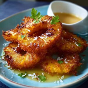 Rum-soaked fried pineapple rings caramelized with butter, brown sugar, vanilla, and dark rum, served with vanilla ice cream