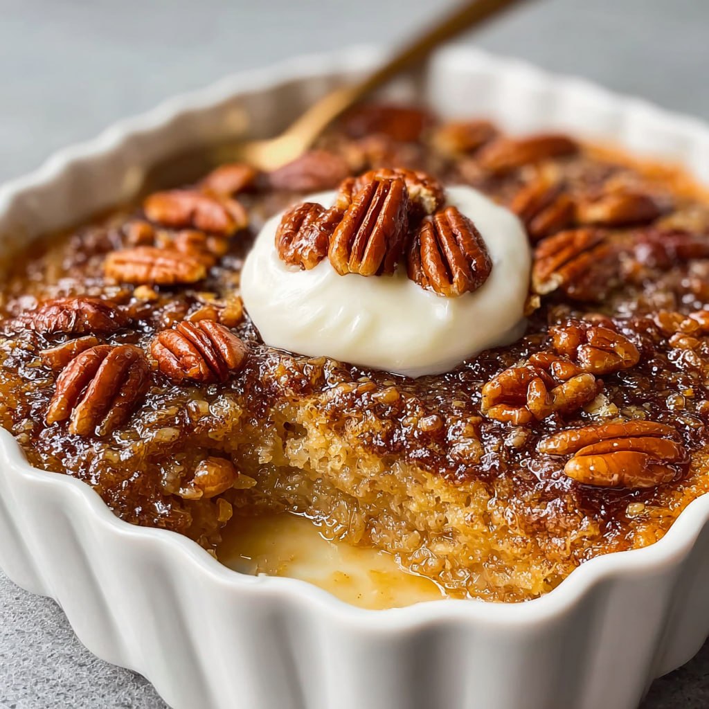 Close-up of pecan pie dump cake showing gooey caramel filling, toasted pecans, and crispy buttery cake topping